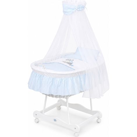 Moisés de mimbre con dosel Donkey Lucek - ropa de cama blanca y azul (1/4)