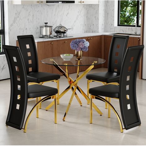 Conjunto de mesa redonda Ø88 cm de vidrio templado negro y dorado con 4 sillas - MEUBLIV (1/5)