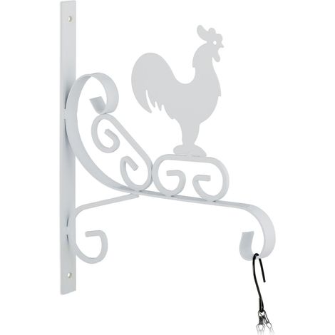 Relaxdays Crochet de suspension pour plantes, coq, montage mural, fer, HLP 30x25,5x2 cm, intérieur et extérieur, blanc