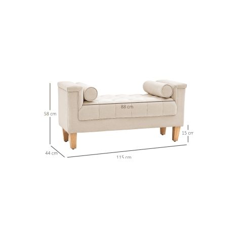 Banc à chaussures beige en chenille avec accoudoirs et 2 coussins cylindriques, structure en bois, pour chambre, salon et entrée (1/5)