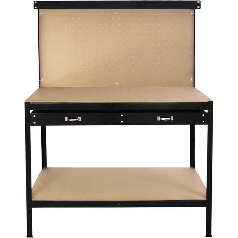 Banco da Lavoro a 3 Livelli con Piano da 120x60cm Ultra Resistente e Pannello Parete Forata Porta Attrezzi Utensili e 40 Ganci universali GRATIS + 2 Mensole e Cassetto - Nero (1/5)