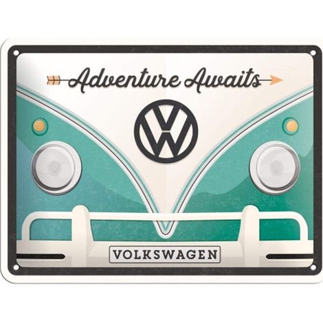 Plaque Vintage Volkswagen - Bulli T1 - Adventure Awaits - Idée de Cadeau pour Le Bus VW, en métal, Déco Design Retro, 15 x 20 cm (1/5)
