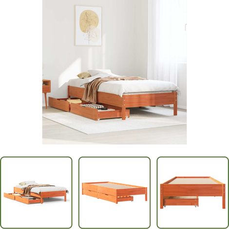 vidaXL Tiroir sous lit - Cadre de lit sans matelas cire marron 100x200cm bois pin massif (1/5)
