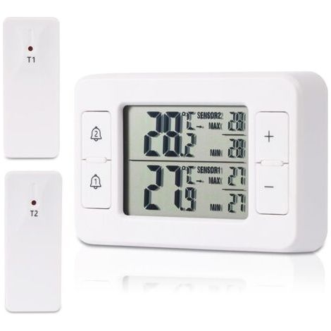 LAN Thermomètre pour réfrigérateur et congélateur avec 2 capteurs sans fil, thermomètre intérieur/extérieur, alarme de température, MIN/MAX, indicateur de tendance de température. (1/5)