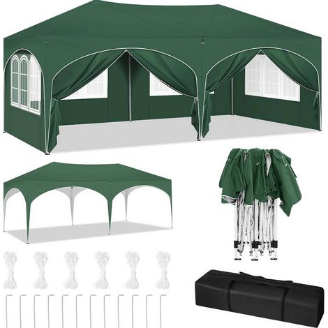 Pabellón 3x6 m verde con 6 laterales, impermeable, UV 50+, altura ajustable (1/5)