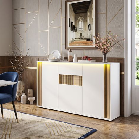 Creahappy Buffet Enfilade 140x40x82 cm - Rangement Salon & Salle à Manger - Éclairage LED & Tasseaux Bois - Blanc et Naturel (1/5)