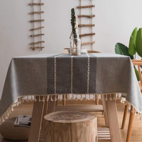 Nappe en Coton et Lin Robuste pour Tables Rectangulaires Nappe avec Broderie en Treillis Solide pour Décoration de Table à Manger de Cuisine. (140 x 220 cm, Gris-2) (1/5)
