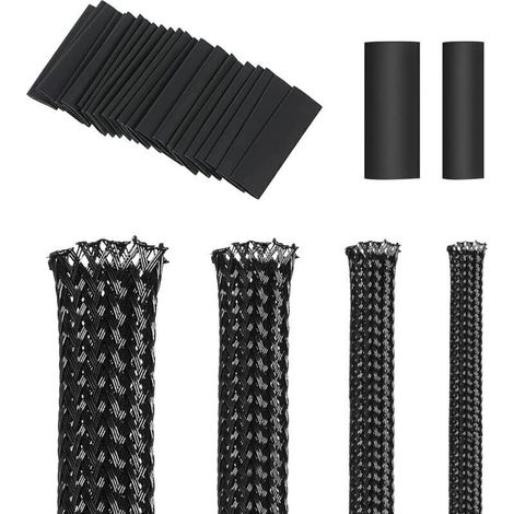 Rouleau de 4 rouleaux de 5m de gaine de câble tressé extensible en PET noir avec 20 tubes thermorétractables pour câble audio, vidéo, appareils domestiques, câbles automobiles (1/5)