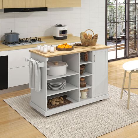 Desserte îlot de cuisine sur roulettes 7 compartiments 1 placard 1 porte 1 porte torchons 129 x 51 x 93 cm bois et blanc (1/5)