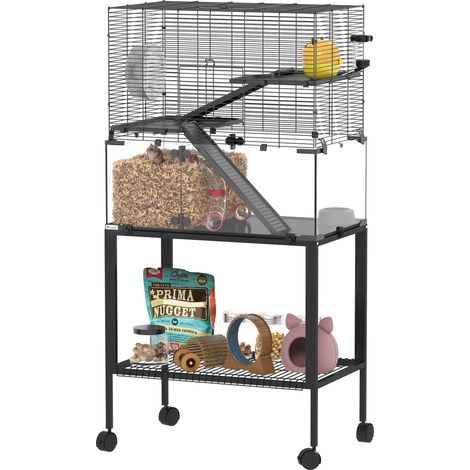 Cage pour hamster, enclos pour petits animaux à 3 niveaux, roue d'exercice, cabane, plateformes, rampes, gamelle, biberon, accessoires, acier, plastique, noir. Cette cage pour rongeurs et petits an... (1/5)