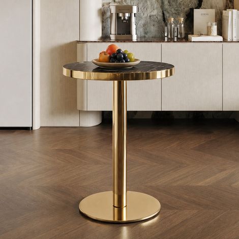 Table d'appoint ronde moderne avec cadre en acier inoxydable doré, plateau aspect marbre, table luxueuse pour salon (1/5)