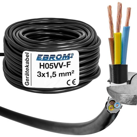 Câble flexible H05VV-F 3G1,5 mm² – 3 x 1,5 mm² – Noir – 5/10/25/50 ou 100 m au choix – votre choix : 3 x 1,5 mm² – Longueur : 10 m (1/5)