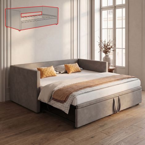 Banquette lit gigogne extensible 90 à 180x200 cm - Canapé-Lit 2 Places en Velours - Sommier à Lattes - Gris(90x200/180x200cm)