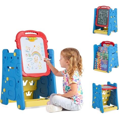 COSTWAY Tableau Enfant Double Face avec Bibliothèque à 3 Niveaux (Bleu) (1/5)