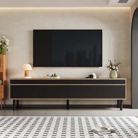 Meuble TV à 4 portes. Finition soignée. Disponible en noir ou bois naturel. Hauteur : 47 cm / Longueur : 170 cm / Largeur : 38 cm (1/5)