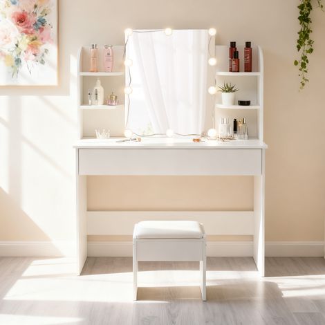 Coiffeuse avec tabouret, miroir et éclairage LED, blanc (1/5)