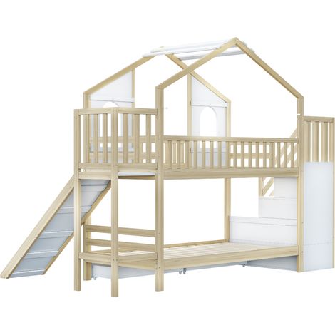 Kinderset-Hochbett 90 x 200 cm aus Holz mit Rutsche, Stauraumtreppe und Schubladen (1/5)