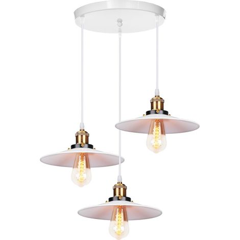 3 Tête Lustre Suspension Fer Abat-jour en Métal Luminaire Vintage Industrielle Blanc (1/5)