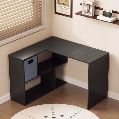 Bureau d'angle, bureau d'ordinateur avec tiroir en tissu et compartiments ouverts, 110 x 100 x 75 cm, noir (1/5)