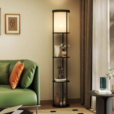 Lampada da terra con 3 ripiani, design rotondo, telecomando, interruttore a pedale, temperatura luce regolabile, per soggiorno, nera (1/5)