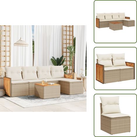 6-tlg. Garten-Sofagarnitur mit Kissen Beige Poly Rattan - Gartenmöbel Set - Rattan Möbel - Outdoor Lounge - Esstisch - Sofas (1/5)