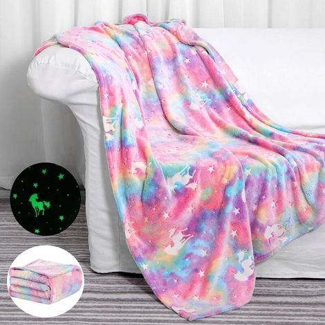 Cozy children's blanket - Glow in the dark - Soft - For girls and children - Rainbow unicorn design - Glows in the dark - Made of soft flannel - Gift for children (120 x 150 cm) (1/4)