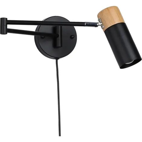 Applique murale moderne bras oscillant bois et aluminium noir avec prise