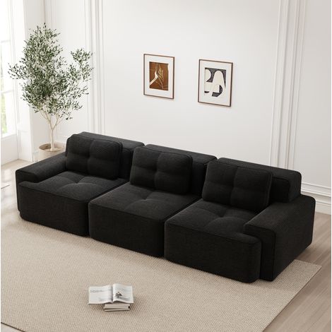 REDOM - Sofá modular de 3 plazas, asiento profundo sin montaje, base antideslizante, reposabrazos anchos, pana negra (1/5)