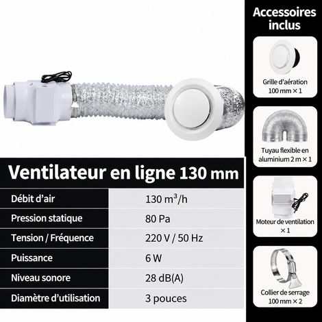 Extracteur d'air de gaine modèle silencieux débit 130 1 vers 1 avec gaine d'admission 100 de 2 mètres 5.8 130 1 kg – Livraison gratuite