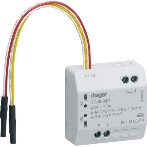 Hager – Sortie libre de potentiel 1 – Entrées KNX radio 2 – Fréquence 868 MHz – Puissance max 600 W – Dimensions 40x40x20 mm