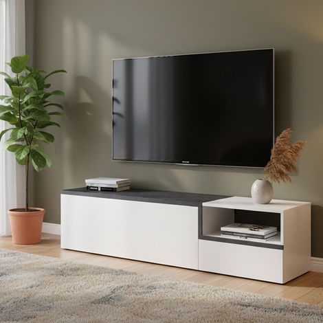 Dmora - Fernsehschrank Dgal, Niedriges Sideboard für Wohnzimmer mit 2 Türen, Sockel für TV-Möbel, 100 % Made in Italy, cm 160x40h46, Weiß glänzend und Schiefer (1/5)