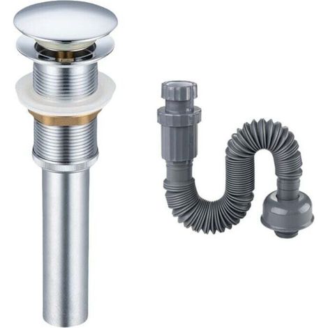1 Bouchon de lavabo escamotable, en laiton chromé, avec tuyau de descente, pour lavabo salle de bain