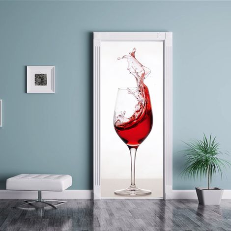 Autocollant de porte effet 3D verre à vin rouge (77x200cm), autocollant mural intérieur en PVC, utilisé pour décorer le mur du salon cuisine chambre salle de bain papier peint