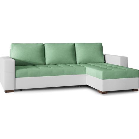Canapé d'angle convertible et réversible tissu vert clair et simili cuir blanc Zelly 237cm (1/5)