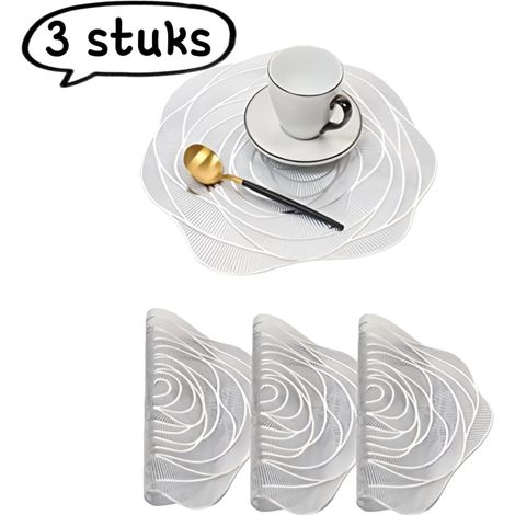 Ensemble de 3 sets de table à motif rose - Set isolant thermique, set de table luxueux avec dorure à chaud - Set de table décoratif en PVC souple, dessous de verre festif - 38 cm - Argent (1/5)