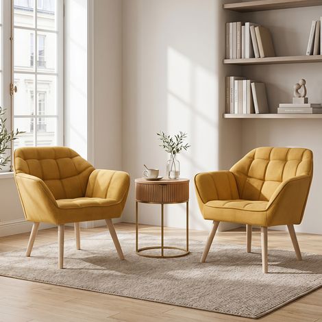 Wahson Linen Upholstered Accent Chair - Modern Tub Armchair with Metal Legs for Bedroom Living Room, 2-Pack, Yellow