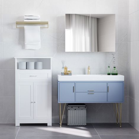 Badezimmerschrank mit Spiegel, 2-türiger Schrank mit 3 Einlegeböden, moderner Stil fürs Schlafzimmer, 80 x 15 x 60 cm, Helllila