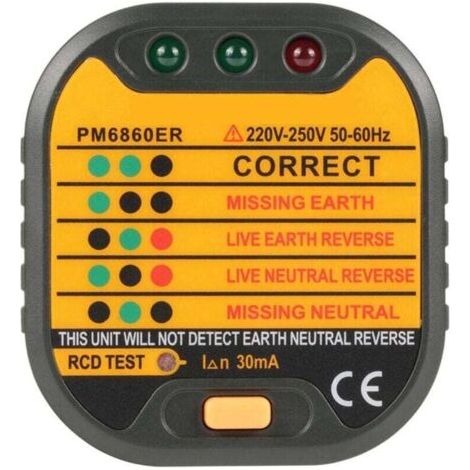 Rubberskin 50-60Hz Automatic EU Plug Electrical Outlet Tester for Home PM6860BG/DR/ER with RCD Test Function (EU Plug) (1/4)