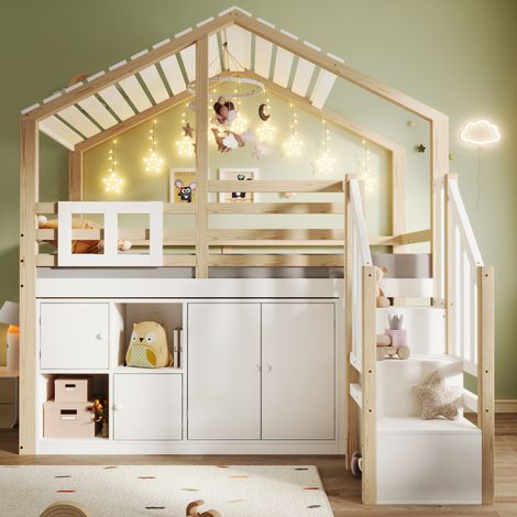 Lit mezzanine 90x200 cm maison blanc naturel (1/5)