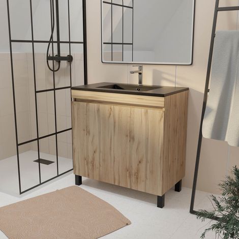 Mobile bagno da 80 cm 2 Ante Rovere Naturale + Lavabo Ceramica Nera - TIMBER (1/5)