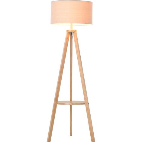 déco, salon chambre, étagère intégrée, abat-jour tissu beige, Lampe pied trépied bois naturel 50x50x154 cm (1/5)