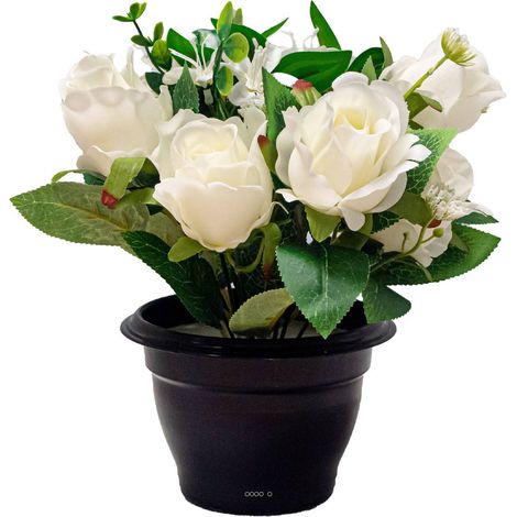Pot de Boutons de Roses fleurs artificielles pour le cimetière H 27 cm D 24 cm Crème - couleur: Crème (1/3)
