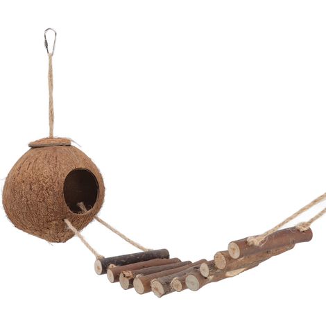Nichoir suspendu en noix de coco, maisonnette naturelle pour perroquet avec échelle de corde. Nichoir en coquille de noix de coco, abri pour perroquet avec échelle de corde. (1/5)