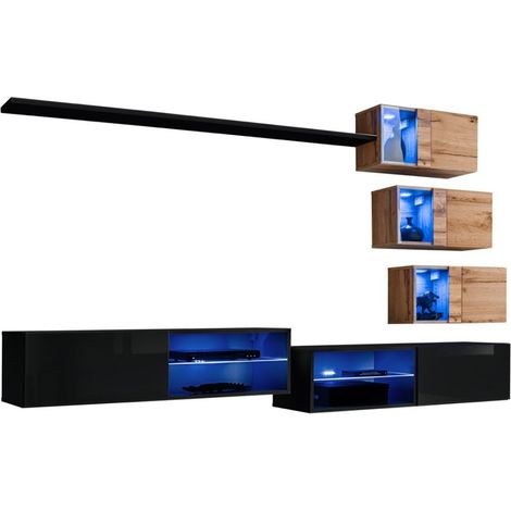 Ensemble meubles de salon SWITCH XXIV – LED – Noir et Chêne – Composition murale design