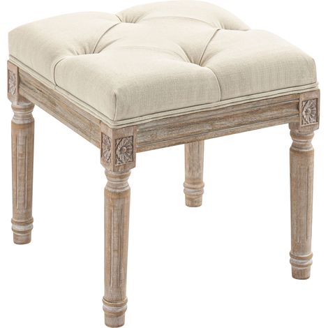 Tabouret de salon style vintage avec assise capitonnée et pieds en bois sculpté, couleur beige, 40 x 40 x 43 cm (1/5)