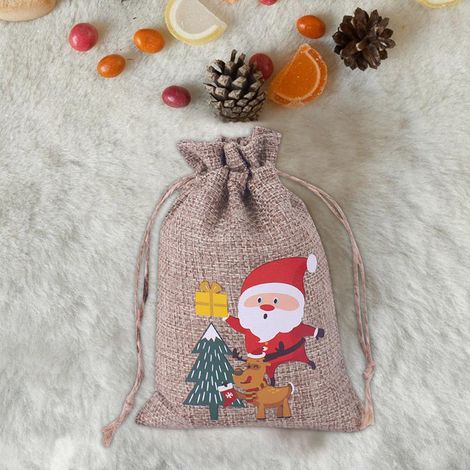 Lot de 10 sacs cadeaux de Noël en lin, décorés sur le thème du Père Noël, pour ranger bijoux, chocolats et bonbons. Idéaux pour les enfants et parfaits pour les fêtes de Noël. (1/5)