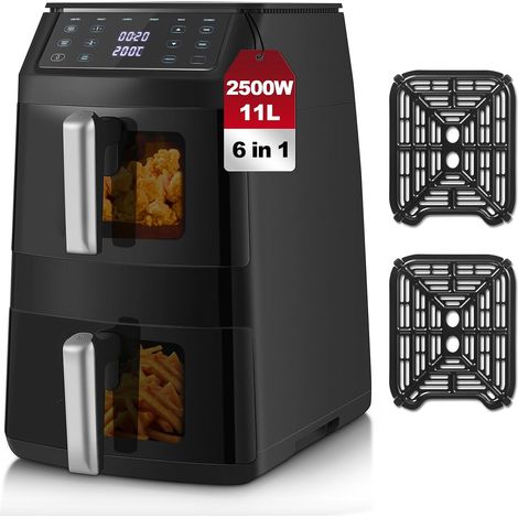 Air Fryer 11L, Friteuse sans Huile à 2 Tiroirs de Visualisation, Verticale Double Stack, 2500W & 40–220°C, 6 Fonctions de Cuisson, Design Compact