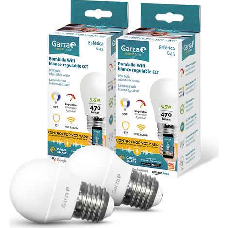 Garza ® Smarthome - Pack 2 Bombillas LED Esférica Intelegente Wifi E27, luz blanca neutra regulable con cambio de intensidad y temperatura. Programable, compatible con Amazon Alexa y Google Home. (1/4)