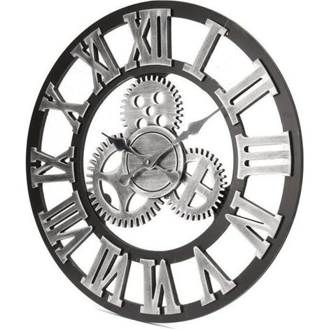 (Silber) Vintage-Wanduhr aus Holz, 60 cm – Silber – Retro-Stil, 3D-Metallzahnrad (1/2)
