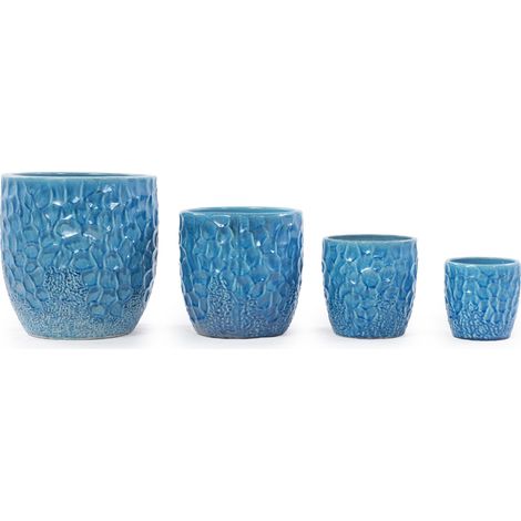 Set 4 vasi in ceramica blu smaltata con rilievo martellato, fori di drenaggio (1/5)